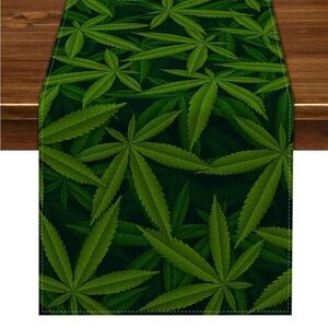 Marijuana Leaf Green Table Runner, Weed leaf mantel scarf  420 Party Decor 13x72